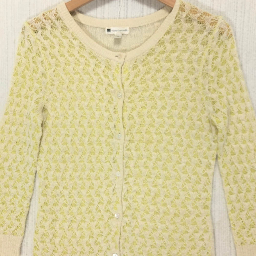 Valerie Bertinelli Cardigan Sweater Womens Small Beige Green Knit 3/4‎ Sleeve
